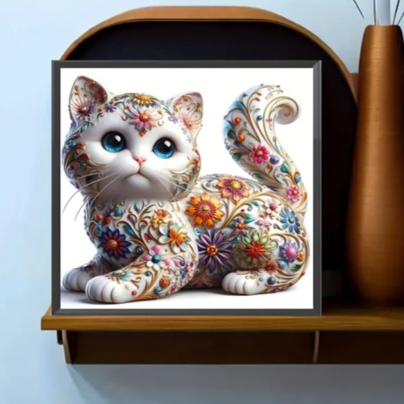 NWT!  DIY Diamond Craft Kit of a Gorgeous Floral White Kitten with Flourishes! - Picture 3 of 9